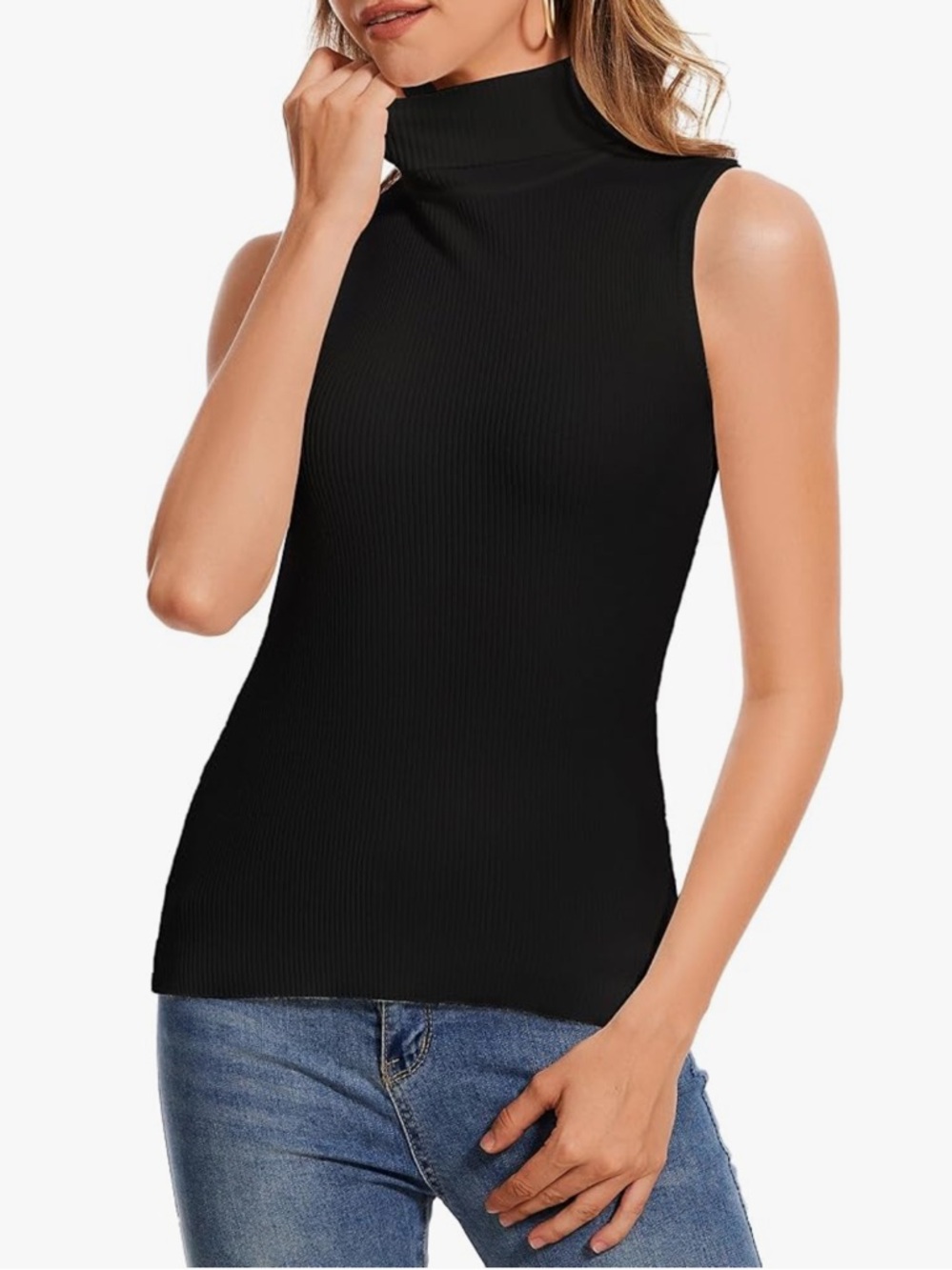 Sleeveless Ribbed Turtleneck Top - Black